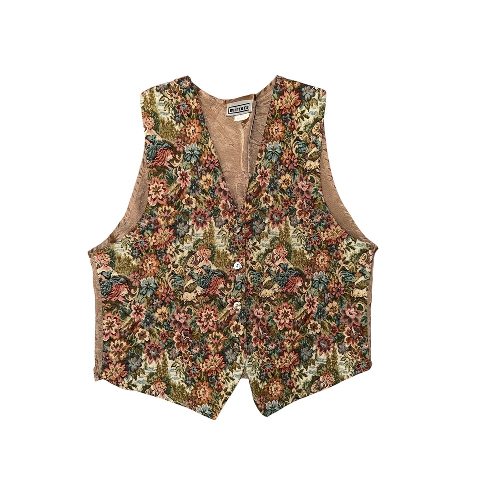 Mirrors Tapestry Vest Women Large Multi Color Floral Bird Vintage 90s USA